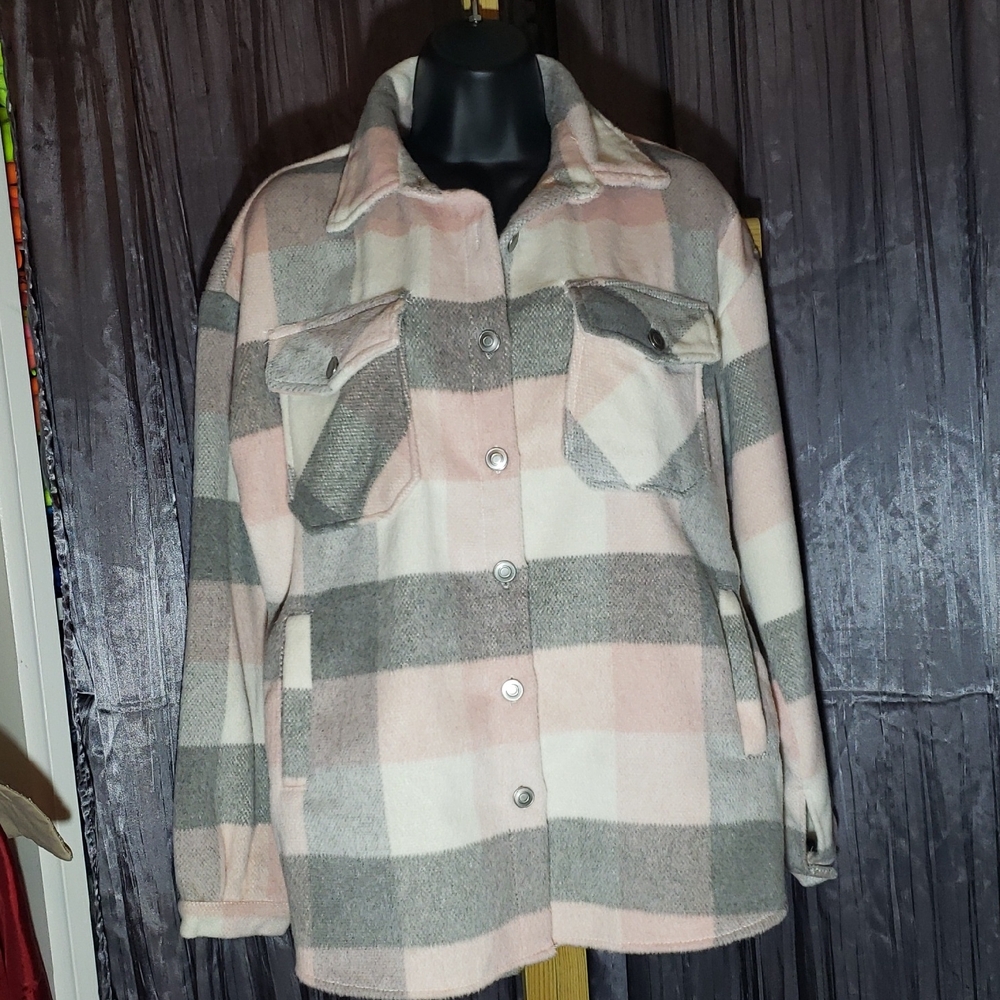 Plaid Shacket Jacket - Pink, Gray & Cream